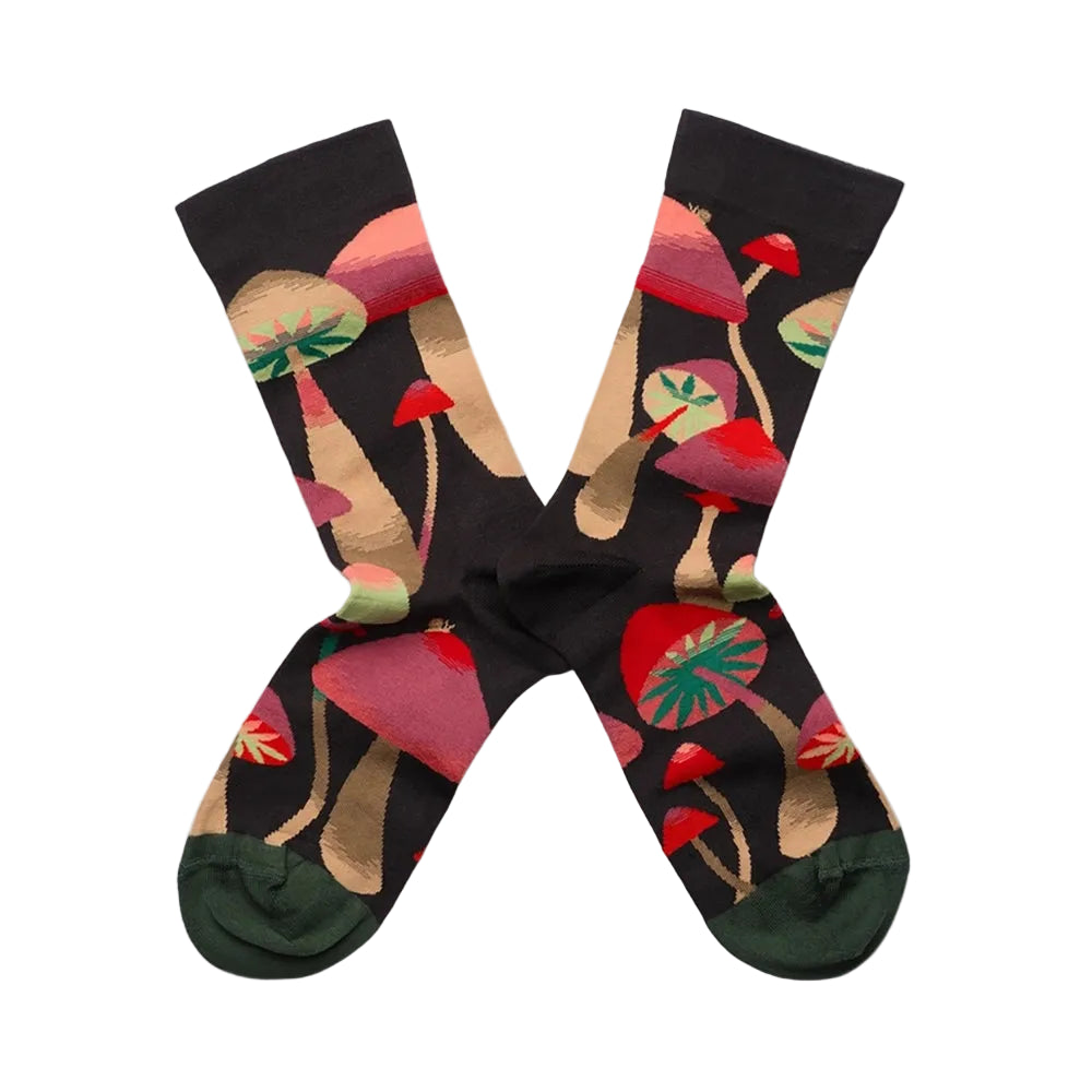 Pair of socks with mushroom pattern on a white background