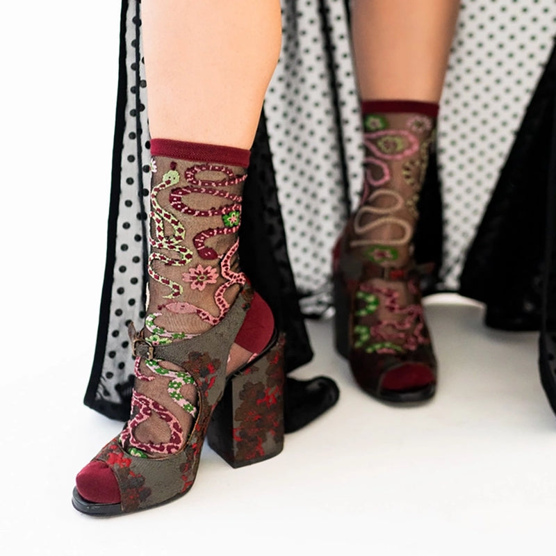 Sheer Serpentine Floral Crew Socks