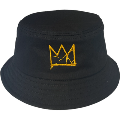 black bucket hat featuring Basquiat iconic crown symbol in gold 