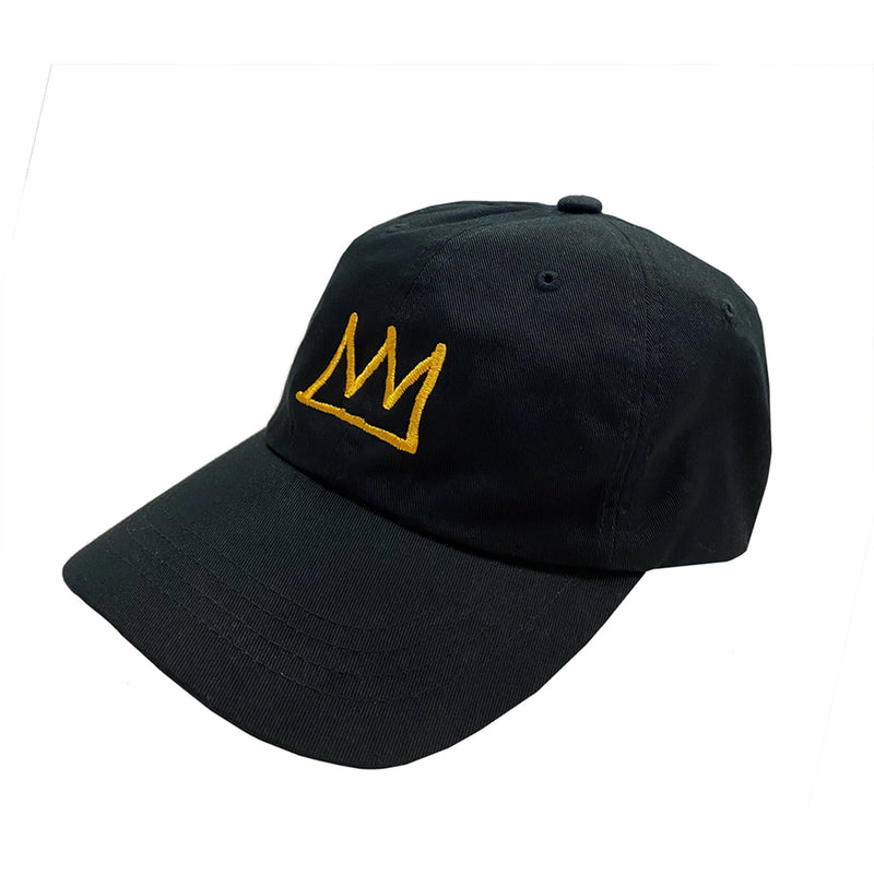 black baseball cap featuring Basquiat iconic crown in gold. 