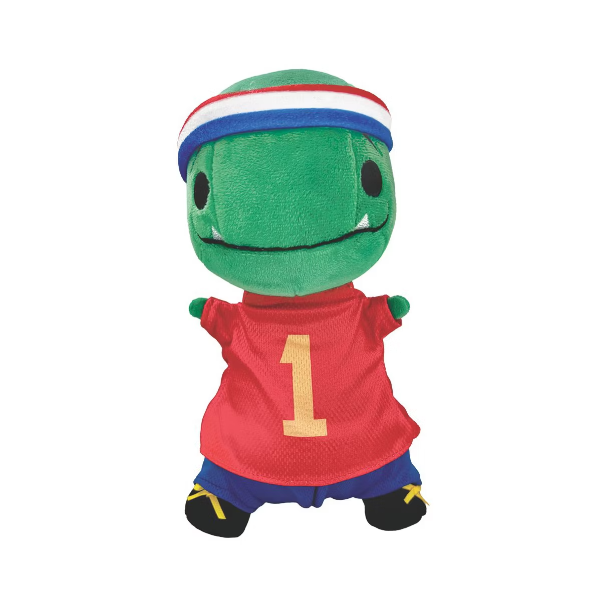 A green cartoon plush toy with a red jersey, blue shorts, a red, white, and blue headband, and a large yellow number 1 on the front, isolated on a white background.