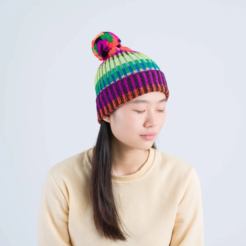 Mosaic Knit Pom Beanie