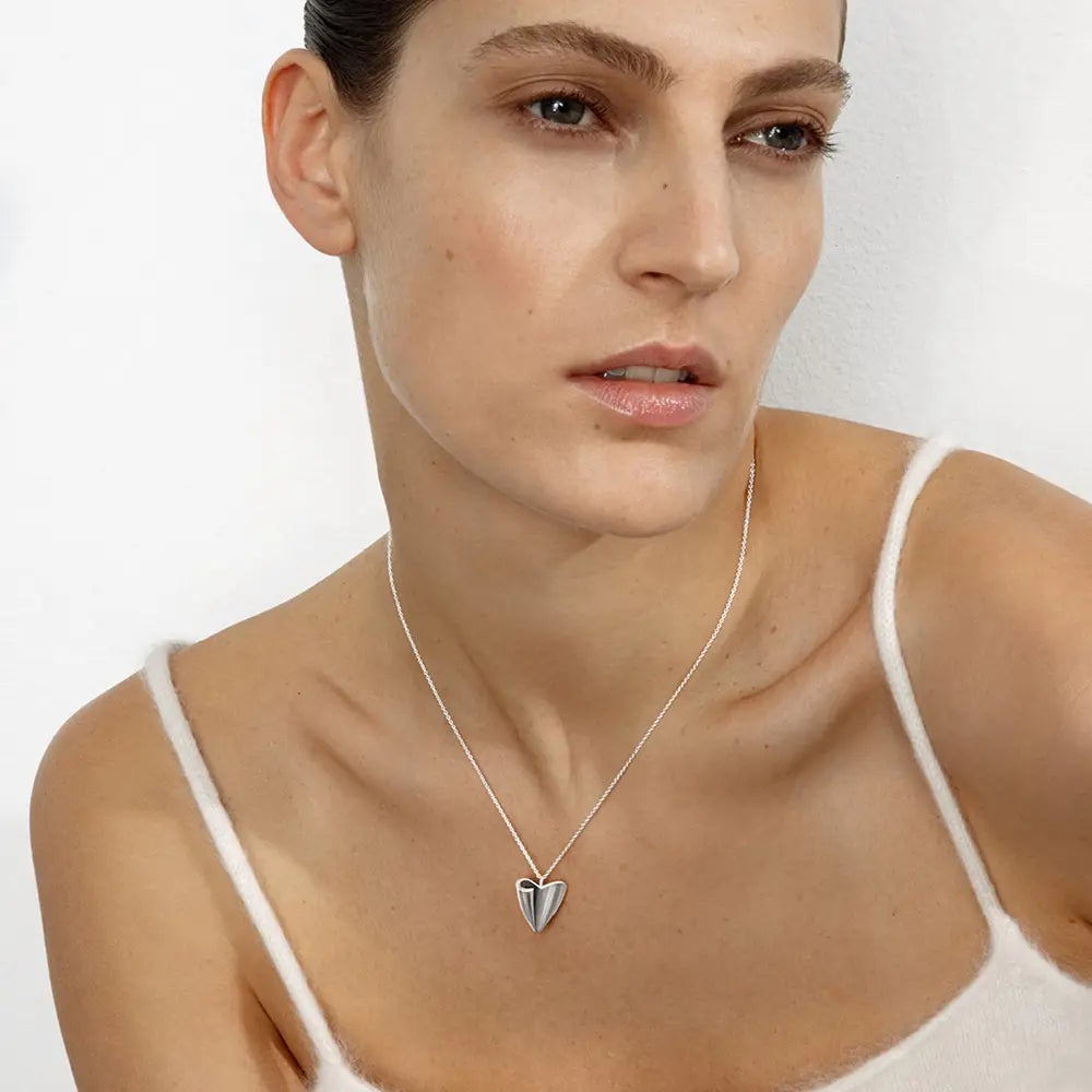 Folded Heart Pendant Necklace - Silver