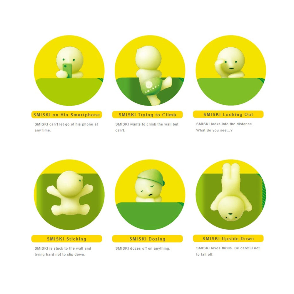 Set of six green and yellow SMISKI figures in various poses on a white background.