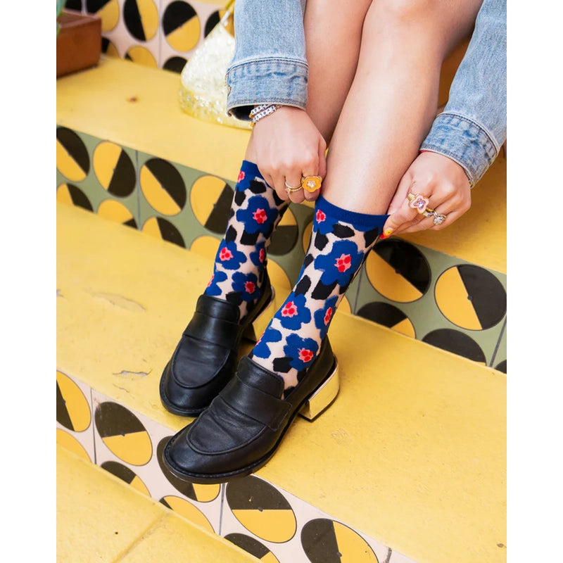 Sheer Blue Floral Crew Socks