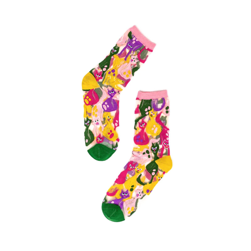 Sheer Dopamine Cats Crew Socks