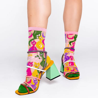 Sheer Dopamine Cats Crew Socks