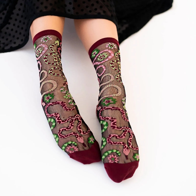 Sheer Serpentine Floral Crew Socks