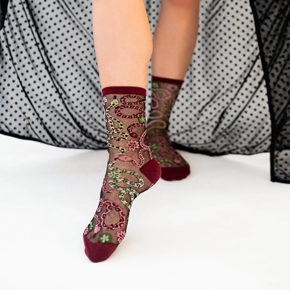 Sheer Serpentine Floral Crew Socks