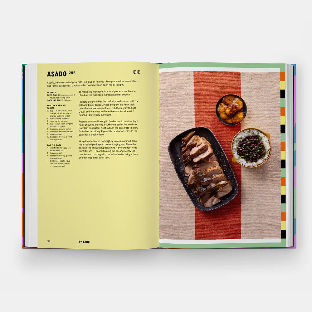 Open cookbook showing a recipe for 'Asado' with a photo of meat and vegetables on a colorful background.