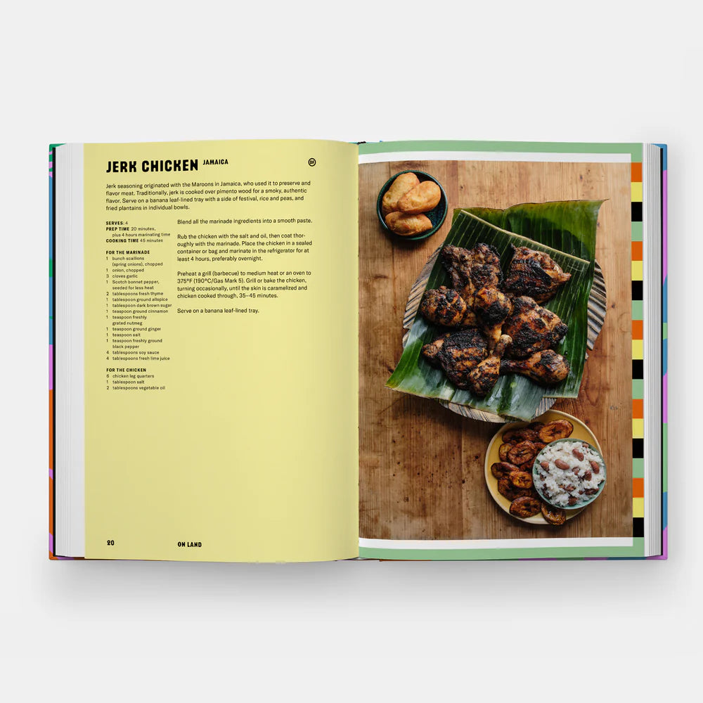 Open cookbook showing a page with jerk chicken recipe and preparation.