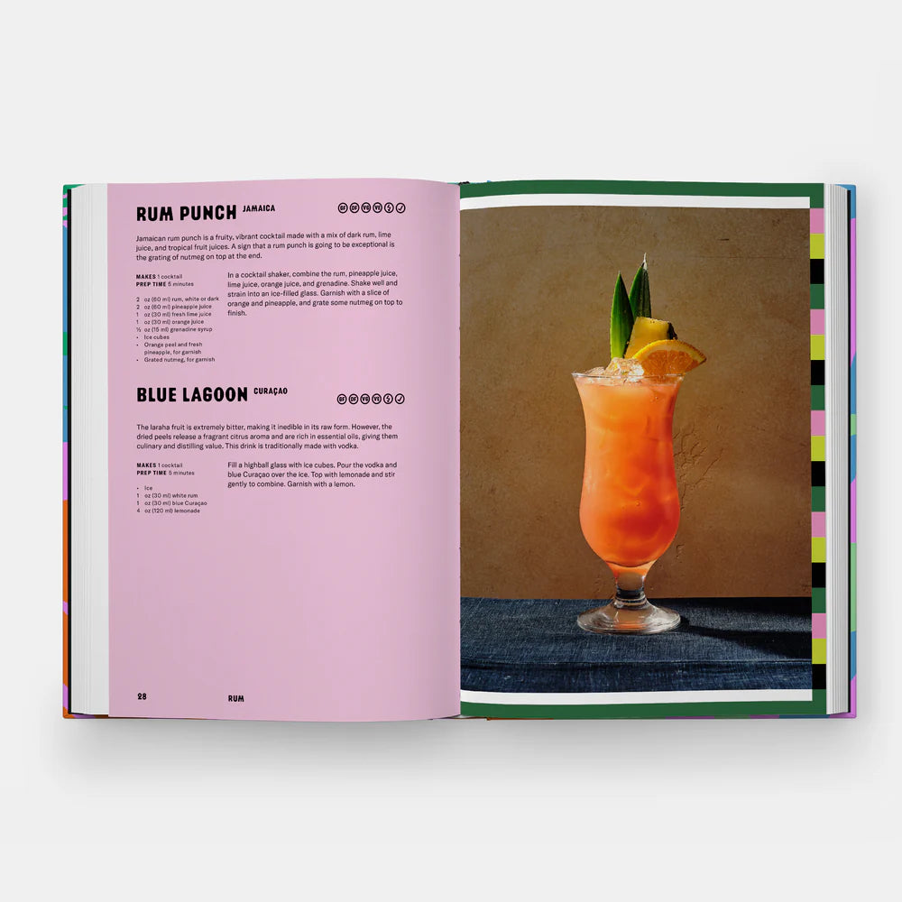 Open book showing a cocktail recipe for 'Blue Lagoon' with a colorful drink illustration.