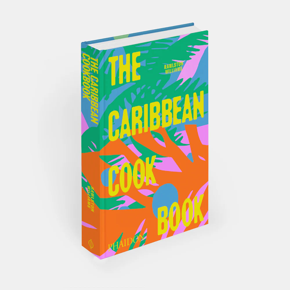 Colorful book titled 'The Caribbean Cook Book' on a white background