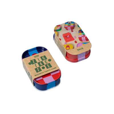Tic Tac Toe magnetic travel game in a colorful tin on a white background
