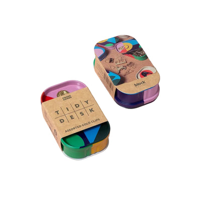 Tidy Desk colorful clip set in a cardboard tin on a white background