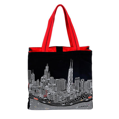Chicago Skyline Embroidered Tote Bag Black 