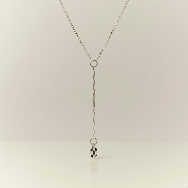 Checkerboard Lariat Necklace Silver 