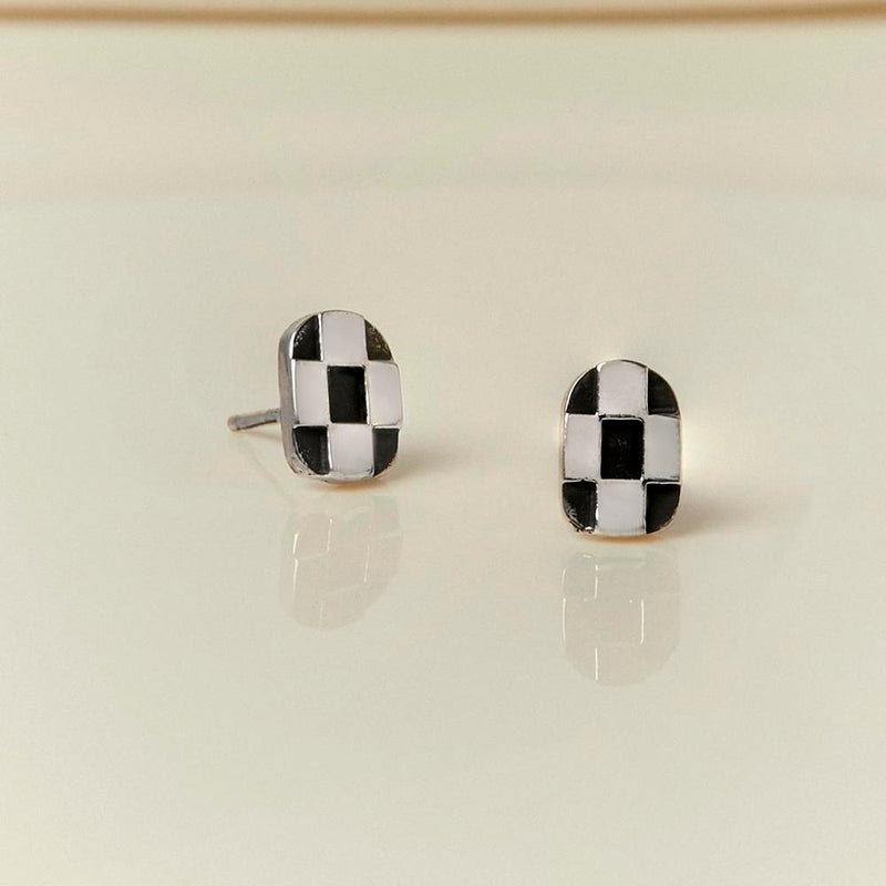 Checkerboard Mini Post Earrings - Sterling Silver Silver 