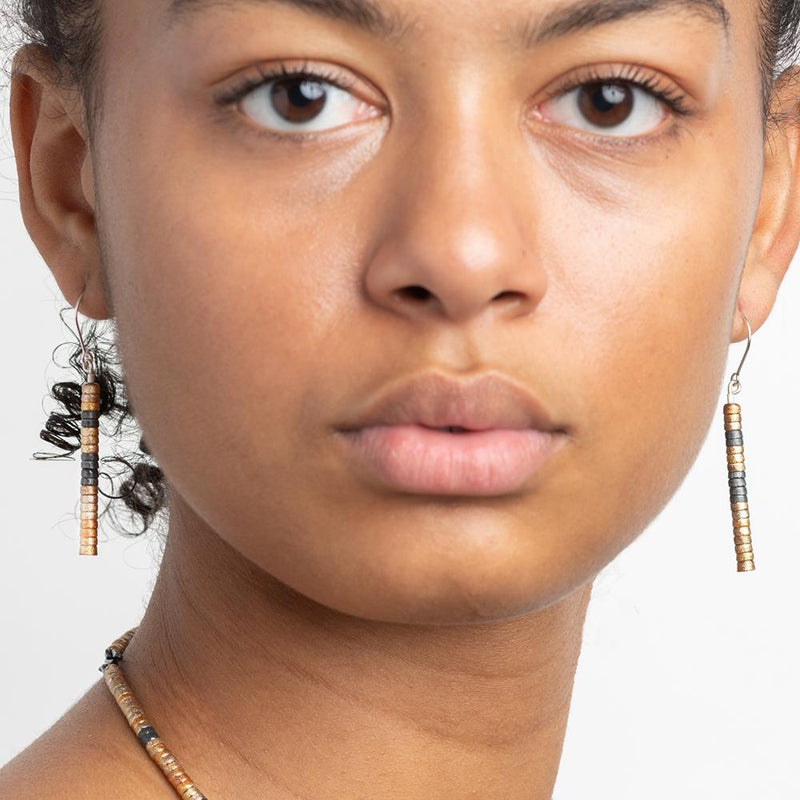 Metal Beaded Pendant Earrings - Long Gold & Black Long