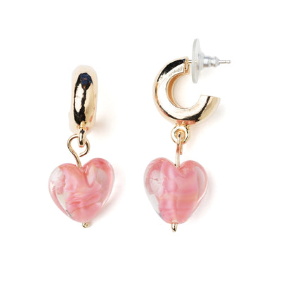 Heart Hoop Glass Earrings Gold & Pink 