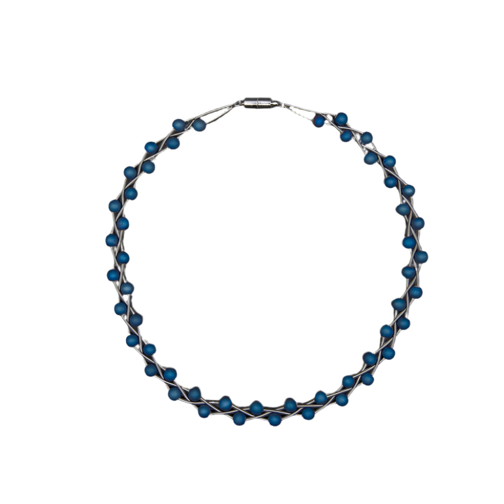 Braided Piano Wire Geode Necklace Silver & Blue 